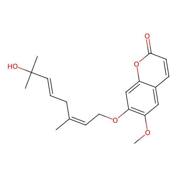 2D Structure of 7-[(2E,5E)-7-hydroxy-3,7-dimethylocta-2,5-dienoxy]-6-methoxychromen-2-one