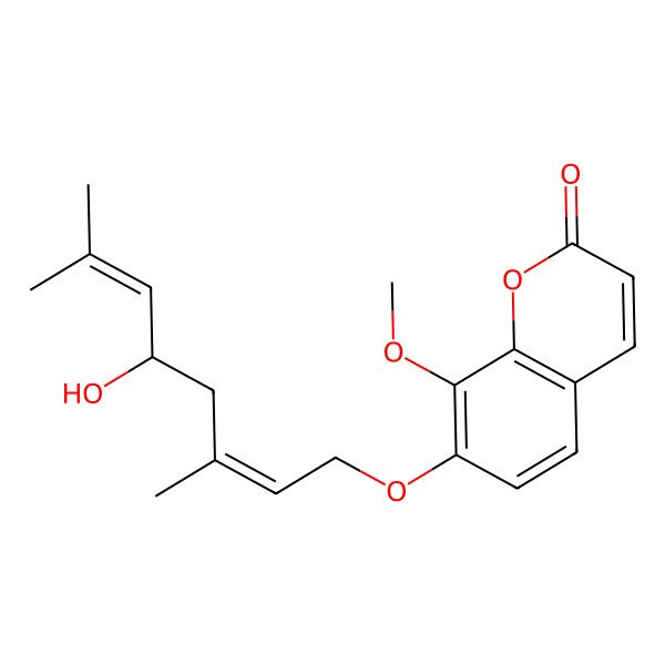 2D Structure of 7-[(2E,5R)-5-hydroxy-3,7-dimethylocta-2,6-dienoxy]-8-methoxychromen-2-one