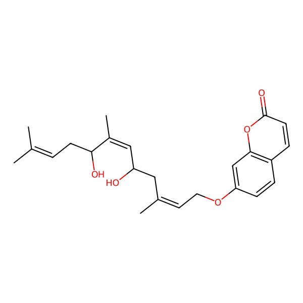 2D Structure of 7-[(2E,5R,6E,8R)-5,8-dihydroxy-3,7,11-trimethyldodeca-2,6,10-trienoxy]chromen-2-one