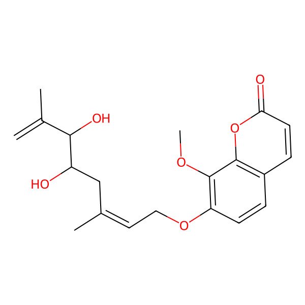 2D Structure of 7-[(2E,5S,6S)-5,6-dihydroxy-3,7-dimethylocta-2,7-dienoxy]-8-methoxychromen-2-one