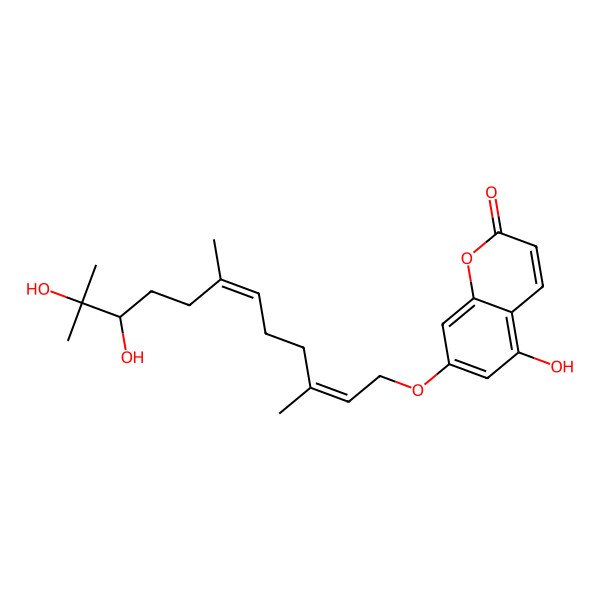 2D Structure of 7-[(2E,6E,10R)-10,11-dihydroxy-3,7,11-trimethyldodeca-2,6-dienoxy]-5-hydroxychromen-2-one
