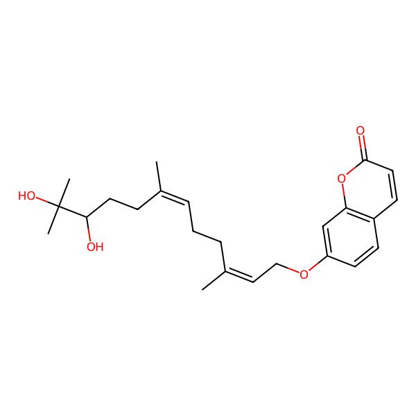2D Structure of 7-[(2E,6E,10S)-10,11-dihydroxy-3,7,11-trimethyldodeca-2,6-dienoxy]chromen-2-one