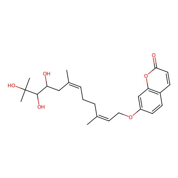 2D Structure of 7-[(2E,6E,9S,10R)-9,10,11-trihydroxy-3,7,11-trimethyldodeca-2,6-dienoxy]chromen-2-one