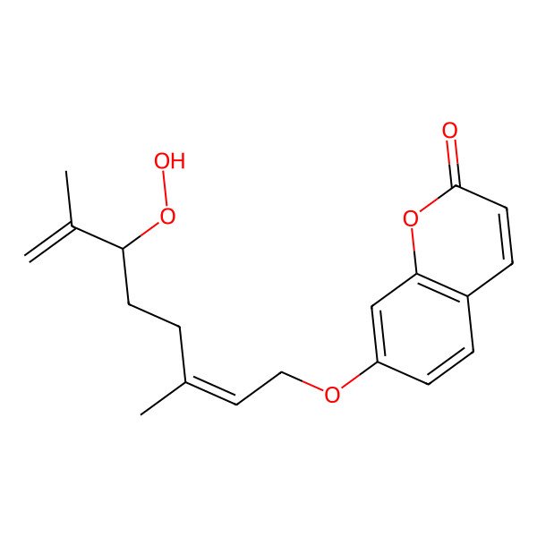 2D Structure of 7-[(2E,6R)-6-hydroperoxy-3,7-dimethylocta-2,7-dienoxy]chromen-2-one