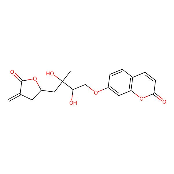 2D Structure of 7-[(2R,3R)-2,3-dihydroxy-3-methyl-4-[(2R)-4-methylidene-5-oxooxolan-2-yl]butoxy]chromen-2-one