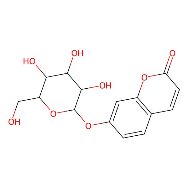 2D Structure of 7-[(2S,3R,4S,5R,6R)-3,4,5-trihydroxy-6-(hydroxymethyl)oxan-2-yl]oxychromen-2-one