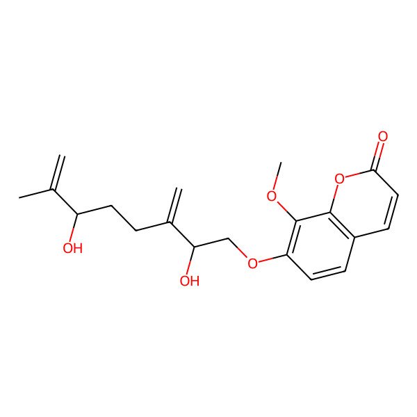 2D Structure of 7-[(2S,6R)-2,6-dihydroxy-7-methyl-3-methylideneoct-7-enoxy]-8-methoxychromen-2-one