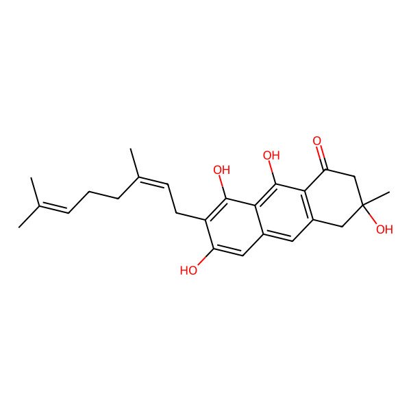 2D Structure of 7-(3,7-Dimethylocta-2,6-dienyl)-3,6,8,9-tetrahydroxy-3-methyl-2,4-dihydroanthracen-1-one 2D Structure of 7-(3,7-Dimethylocta-2,6-dienyl)-3,6,8,9-tetrahydroxy-3-methyl-2,4-dihydroanthracen-1-one