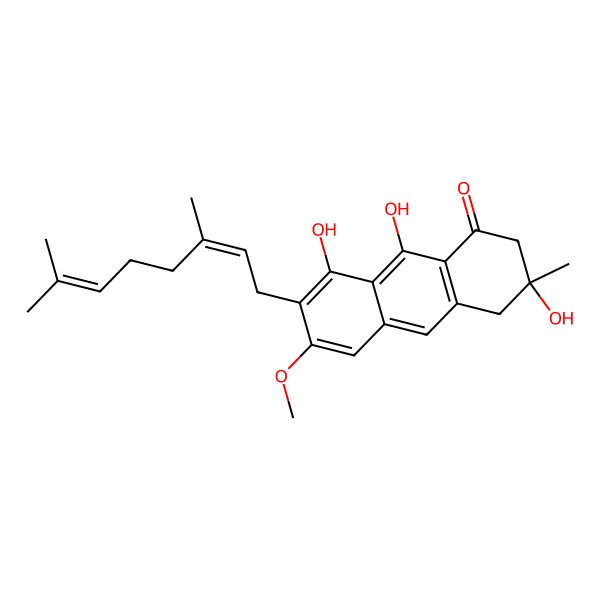 2D Structure of 7-(3,7-Dimethylocta-2,6-dienyl)-3,8,9-trihydroxy-6-methoxy-3-methyl-2,4-dihydroanthracen-1-one 2D Structure of 7-(3,7-Dimethylocta-2,6-dienyl)-3,8,9-trihydroxy-6-methoxy-3-methyl-2,4-dihydroanthracen-1-one