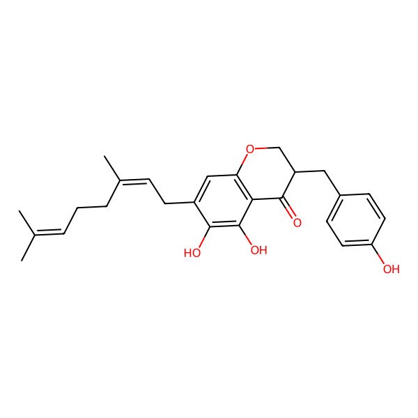 2D Structure of 7-(3,7-Dimethylocta-2,6-dienyl)-5,6-dihydroxy-3-[(4-hydroxyphenyl)methyl]-2,3-dihydrochromen-4-one