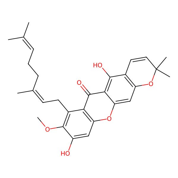2D Structure of 7-(3,7-Dimethylocta-2,6-dienyl)-5,9-dihydroxy-8-methoxy-2,2-dimethylpyrano[3,2-b]xanthen-6-one