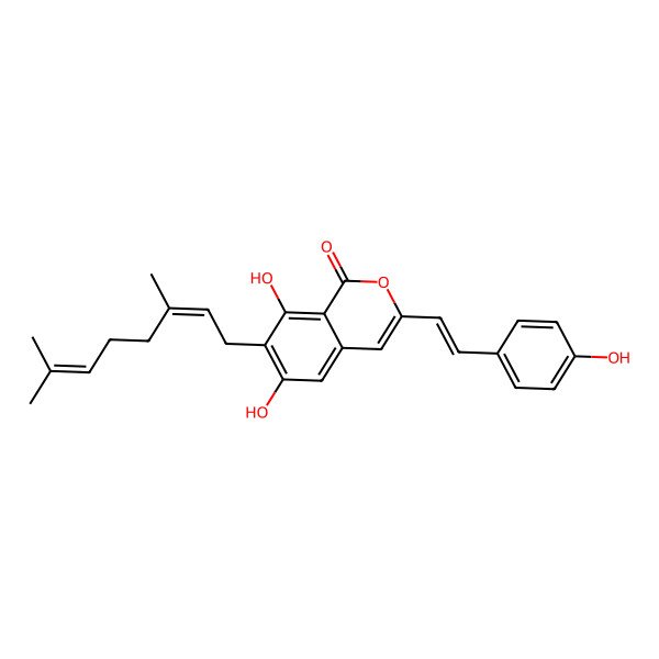 2D Structure of 7-(3,7-Dimethylocta-2,6-dienyl)-6,8-dihydroxy-3-[2-(4-hydroxyphenyl)ethenyl]isochromen-1-one
