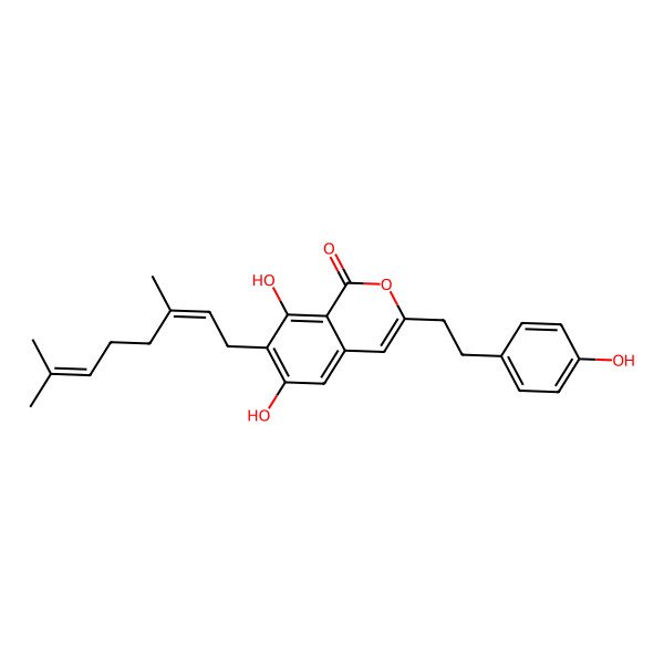 2D Structure of 7-(3,7-Dimethylocta-2,6-dienyl)-6,8-dihydroxy-3-[2-(4-hydroxyphenyl)ethyl]isochromen-1-one