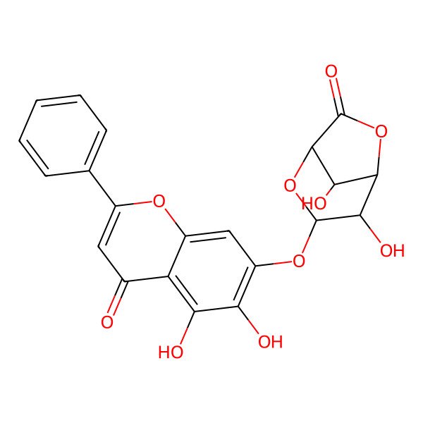 2D Structure of 7-[(4,8-Dihydroxy-7-oxo-2,6-dioxabicyclo[3.2.1]octan-3-yl)oxy]-5,6-dihydroxy-2-phenylchromen-4-one