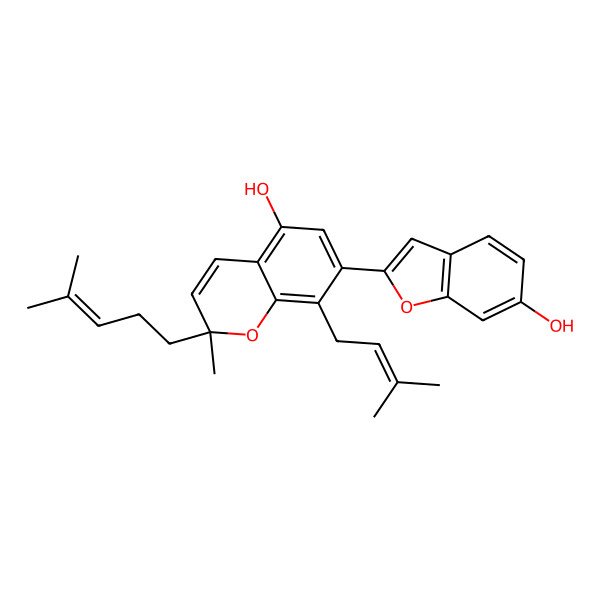 2D Structure of 7-(6-Hydroxy-1-benzofuran-2-yl)-2-methyl-8-(3-methylbut-2-enyl)-2-(4-methylpent-3-enyl)chromen-5-ol