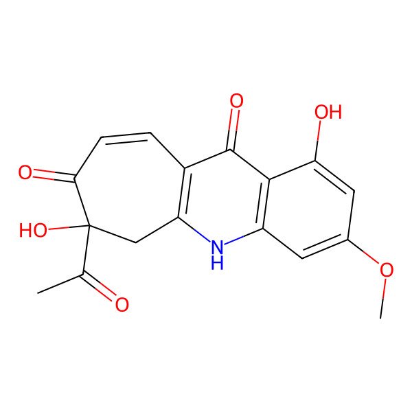 2D Structure of 7-Acetyl-1,7-dihydroxy-3-methoxy-5,6-dihydrocyclohepta[b]quinoline-8,11-dione