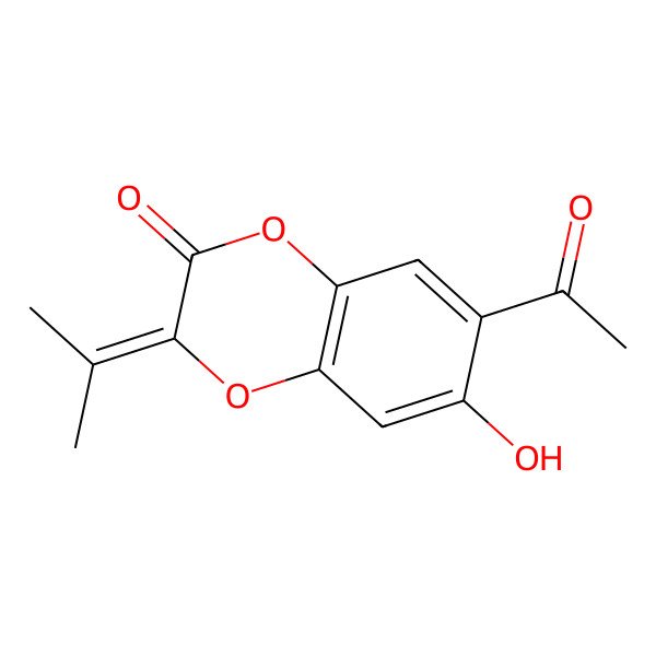2D Structure of 7-acetyl-6-hydroxy-3-propan-2-ylidene-1,4-benzodioxin-2-one