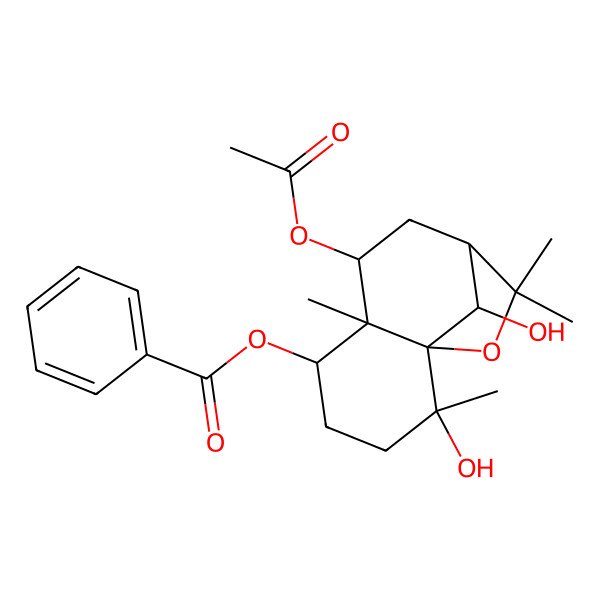 2D Structure of (7-Acetyloxy-2,12-dihydroxy-2,6,10,10-tetramethyl-11-oxatricyclo[7.2.1.01,6]dodecan-5-yl) benzoate