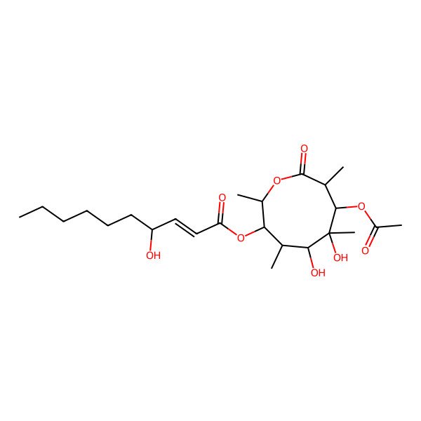 2D Structure of (7-Acetyloxy-5,6-dihydroxy-2,4,6,8-tetramethyl-9-oxooxonan-3-yl) 4-hydroxydec-2-enoate