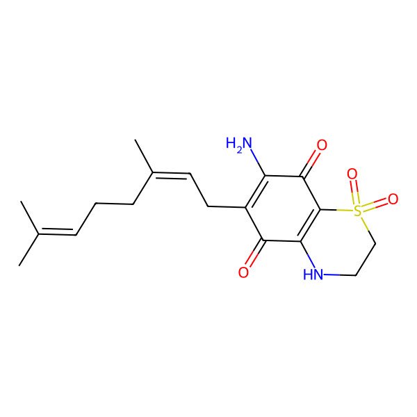 2D Structure of 7-amino-6-(3,7-dimethylocta-2,6-dienyl)-1,1-dioxo-3,4-dihydro-2H-1lambda6,4-benzothiazine-5,8-dione