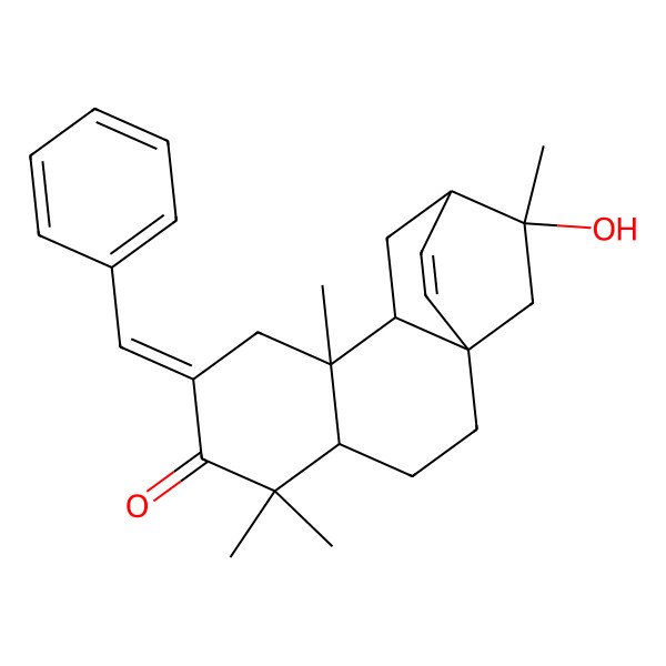 2D Structure of 7-Benzylidene-16-hydroxy-5,5,9,16-tetramethyltetracyclo[10.2.2.01,10.04,9]hexadec-13-en-6-one