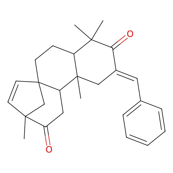 2D Structure of 7-Benzylidene-5,5,9,13-tetramethyltetracyclo[11.2.1.01,10.04,9]hexadec-14-ene-6,12-dione