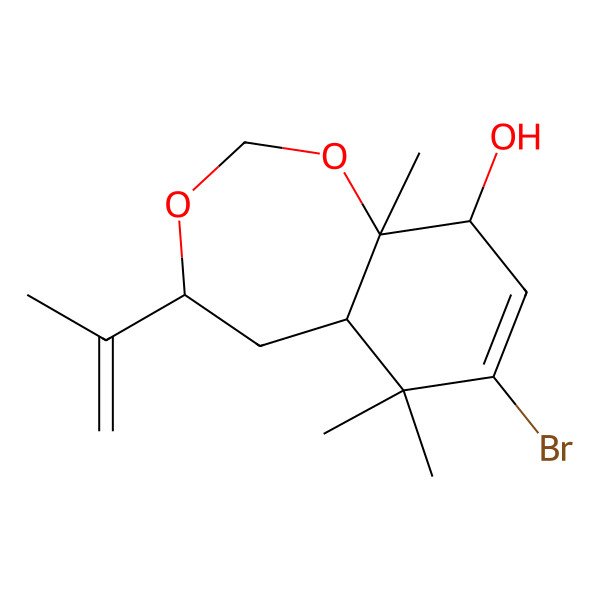 2D Structure of 7-Bromo-6,6,9a-trimethyl-4-prop-1-en-2-yl-4,5,5a,9-tetrahydro-1,3-benzodioxepin-9-ol