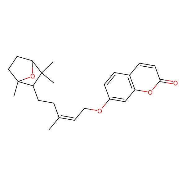 2D Structure of 7-[(E)-3-methyl-5-[(1R)-1,3,3-trimethyl-7-oxabicyclo[2.2.1]heptan-2-yl]pent-2-enoxy]chromen-2-one
