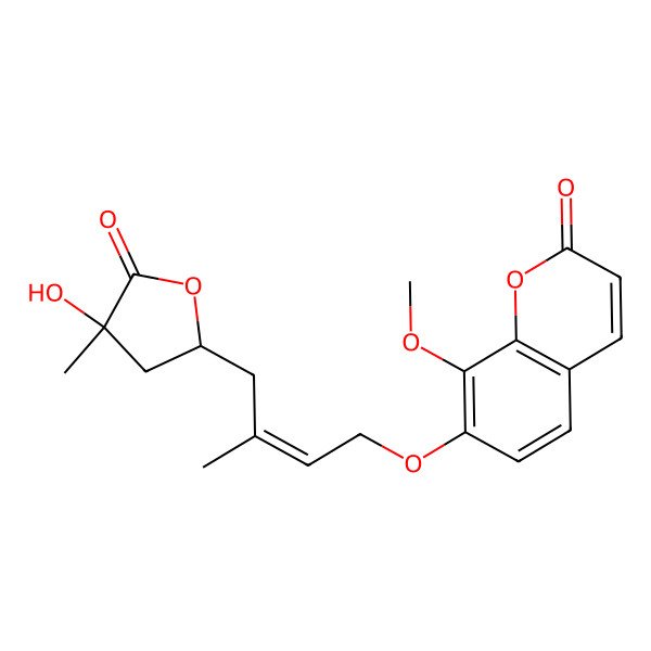 2D Structure of 7-[(E)-4-[(4R)-4-hydroxy-4-methyl-5-oxooxolan-2-yl]-3-methylbut-2-enoxy]-8-methoxychromen-2-one