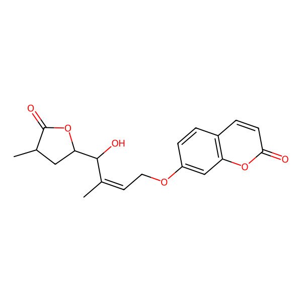 2D Structure of 7-[(E)-4-hydroxy-3-methyl-4-(4-methyl-5-oxooxolan-2-yl)but-2-enoxy]chromen-2-one