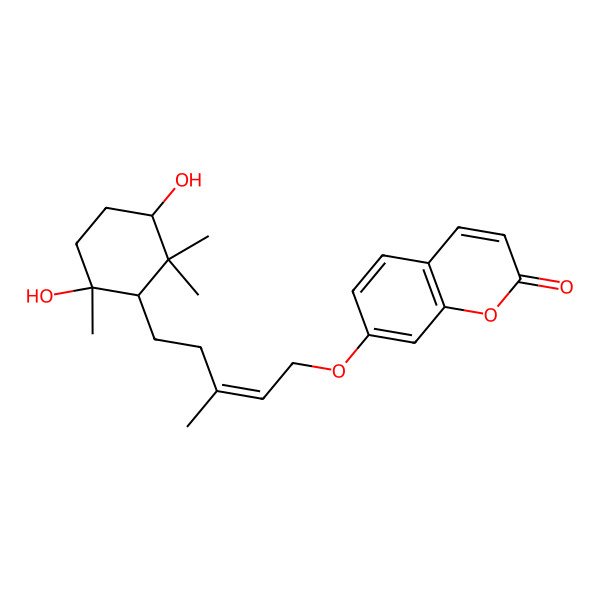 2D Structure of 7-[(E)-5-[(1R,3R,6S)-3,6-dihydroxy-2,2,6-trimethylcyclohexyl]-3-methylpent-2-enoxy]chromen-2-one