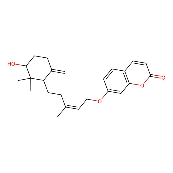 2D Structure of 7-[(E)-5-[(1S,3R)-3-hydroxy-2,2-dimethyl-6-methylidenecyclohexyl]-3-methylpent-2-enoxy]chromen-2-one