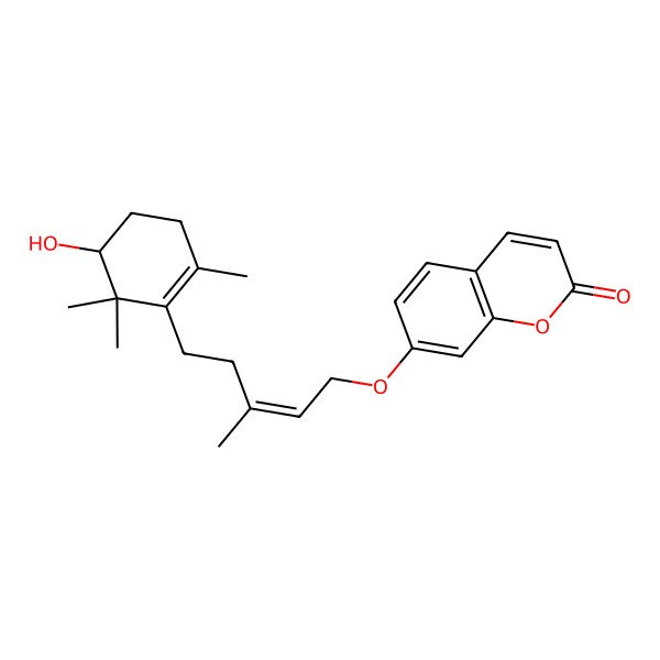 2D Structure of 7-[(E)-5-[(5S)-5-hydroxy-2,6,6-trimethylcyclohexen-1-yl]-3-methylpent-2-enoxy]chromen-2-one