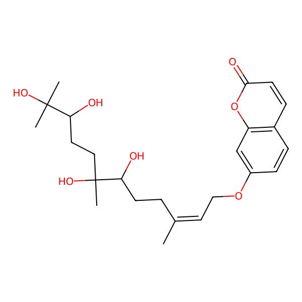 2D Structure of 7-[(E,6S,7R,10R)-6,7,10,11-tetrahydroxy-3,7,11-trimethyldodec-2-enoxy]chromen-2-one