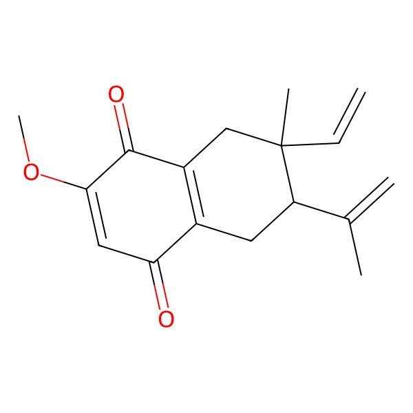 2D Structure of 7-ethenyl-2-methoxy-7-methyl-6-prop-1-en-2-yl-6,8-dihydro-5H-naphthalene-1,4-dione