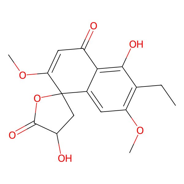 2D Structure of 7-Ethyl-3',8-dihydroxy-3,6-dimethoxyspiro[naphthalene-4,5'-oxolane]-1,2'-dione