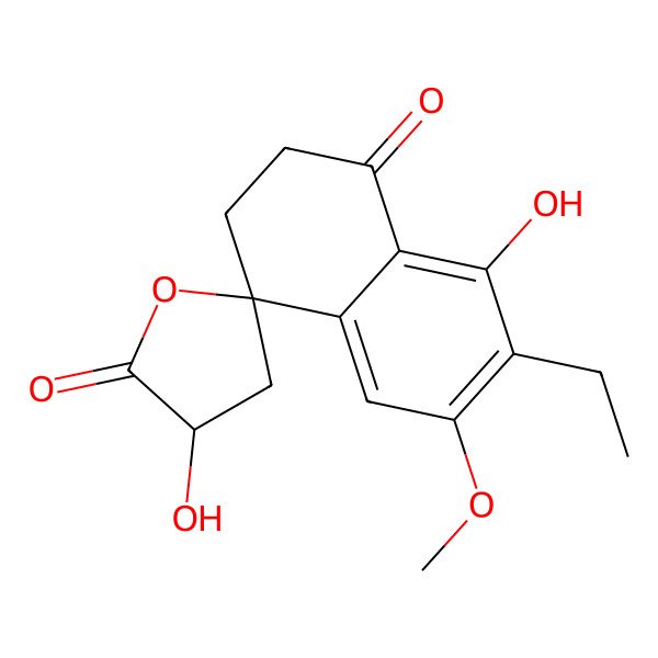 2D Structure of 7-Ethyl-3',8-dihydroxy-6-methoxyspiro[2,3-dihydronaphthalene-4,5'-oxolane]-1,2'-dione