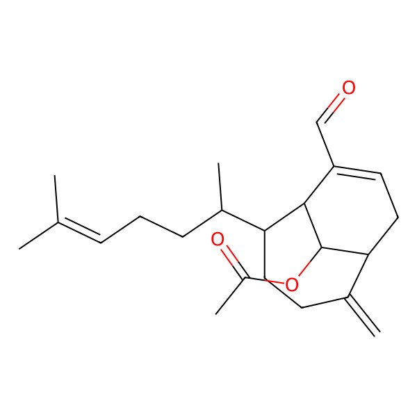 2D Structure of [7-Formyl-5-(6-methylhept-5-en-2-yl)-2-methylidene-10-bicyclo[4.3.1]dec-7-enyl] acetate