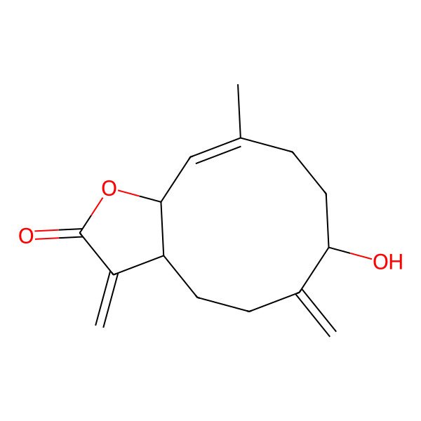 2D Structure of 7-hydroxy-10-methyl-3,6-dimethylidene-4,5,7,8,9,11a-hexahydro-3aH-cyclodeca[b]furan-2-one