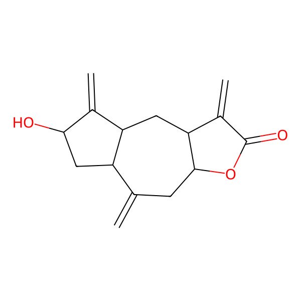 2D Structure of 7-Hydroxy-1,5,8-trimethylidene-3a,4,5a,6,7,8a,9,9a-octahydroazuleno[6,5-b]furan-2-one