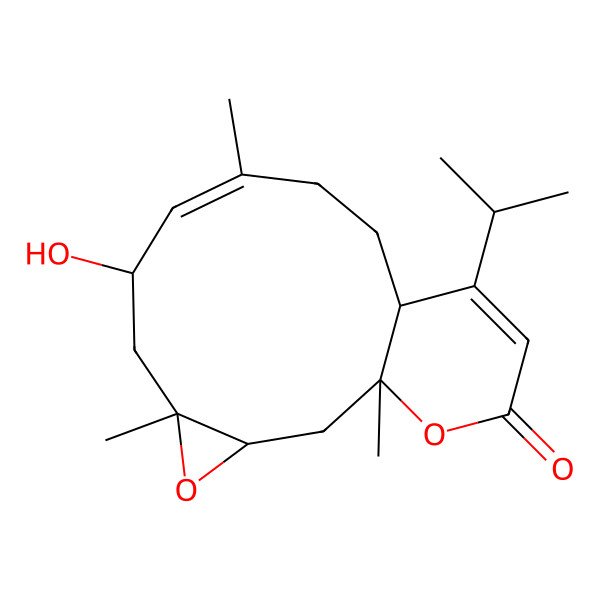 2D Structure of 7-Hydroxy-1,5,9-trimethyl-13-propan-2-yl-4,16-dioxatricyclo[10.4.0.03,5]hexadeca-8,13-dien-15-one