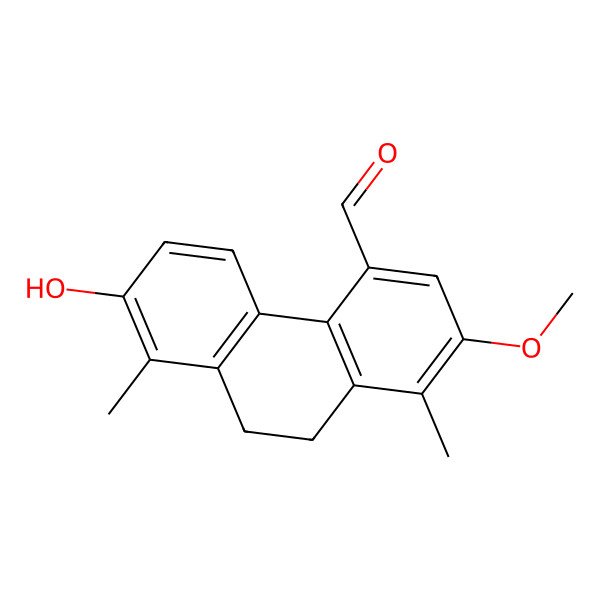 2D Structure of 7-Hydroxy-2-methoxy-1,8-dimethyl-9,10-dihydrophenanthrene-4-carbaldehyde 2D Structure of 7-Hydroxy-2-methoxy-1,8-dimethyl-9,10-dihydrophenanthrene-4-carbaldehyde