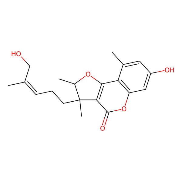 2D Structure of 7-hydroxy-3-(5-hydroxy-4-methylpent-3-enyl)-2,3,9-trimethyl-2H-furo[3,2-c]chromen-4-one