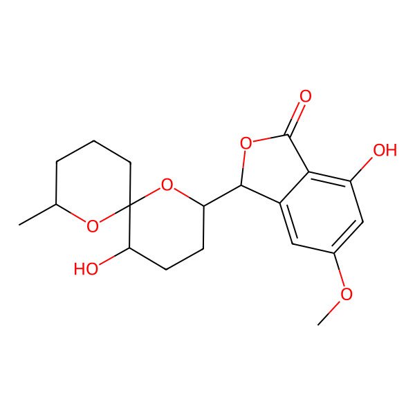 2D Structure of 7-hydroxy-3-(5-hydroxy-8-methyl-1,7-dioxaspiro[5.5]undecan-2-yl)-5-methoxy-3H-2-benzofuran-1-one