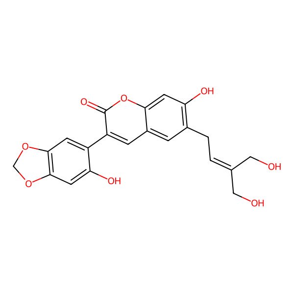 2D Structure of 7-Hydroxy-3-(6-hydroxy-1,3-benzodioxol-5-yl)-6-[4-hydroxy-3-(hydroxymethyl)but-2-enyl]chromen-2-one