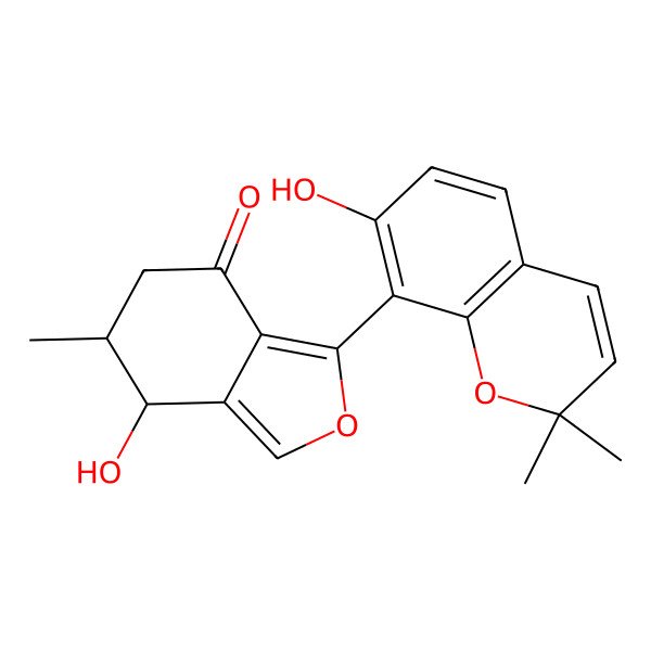 2D Structure of 7-hydroxy-3-(7-hydroxy-2,2-dimethylchromen-8-yl)-6-methyl-6,7-dihydro-5H-2-benzofuran-4-one
