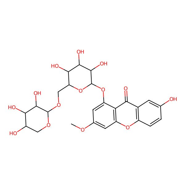 2D Structure of 7-Hydroxy-3-methoxy-1-[(6-O-I(2)-D-xylopyranosyl-I(2)-D-glucopyranosyl)oxy]-9H-xanthen-9-one