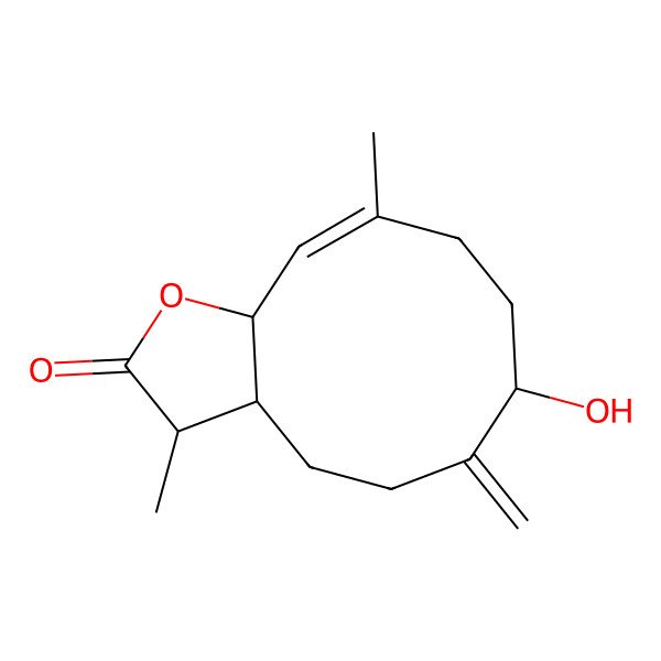 2D Structure of 7-Hydroxy-3,10-dimethyl-6-methylidene-3,3a,4,5,7,8,9,11a-octahydrocyclodeca[b]furan-2-one