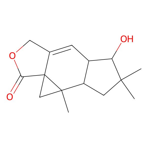 2D Structure of 7-Hydroxy-3,6,6-trimethyl-12-oxatetracyclo[8.3.0.01,3.04,8]tridec-9-en-13-one