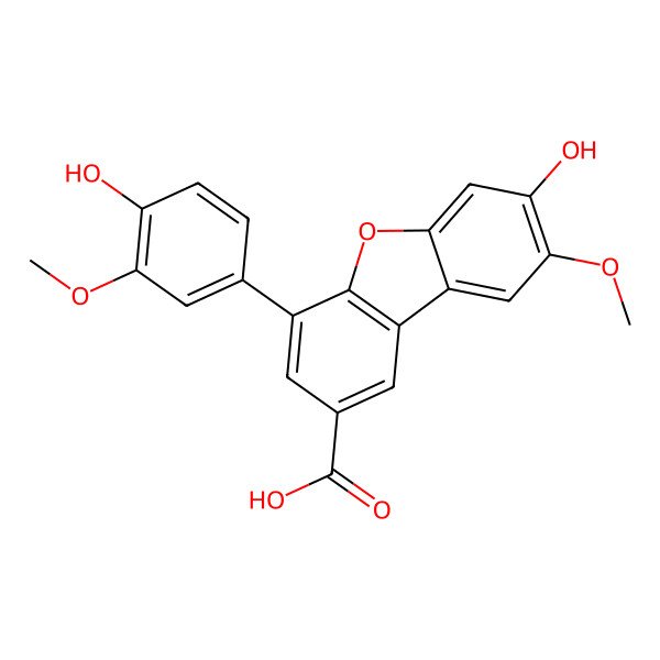 2D Structure of 7-Hydroxy-4-(4-hydroxy-3-methoxyphenyl)-8-methoxydibenzofuran-2-carboxylic acid